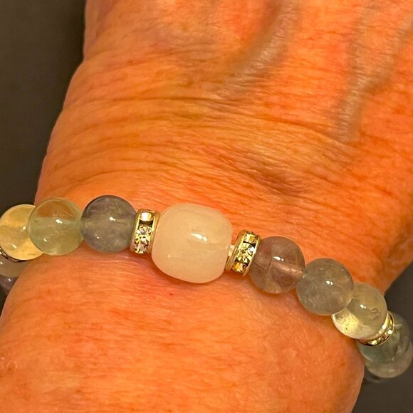 Rainbow Fluorite and White Agate Bracelet with cz Accent Beads - Picture 2 of 3